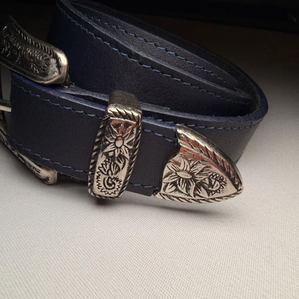 VTG Paulith Western Belt L Navy Bonded Leather Silver Engraved‎ Buckle Set USA